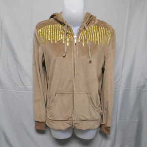 Whisper Me brown w/gold sequin zip velour hoodie S